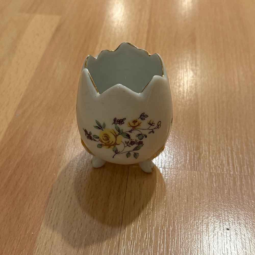 Porcelain Egg-Shaped Trinket Dish with Yellow Rose Motif